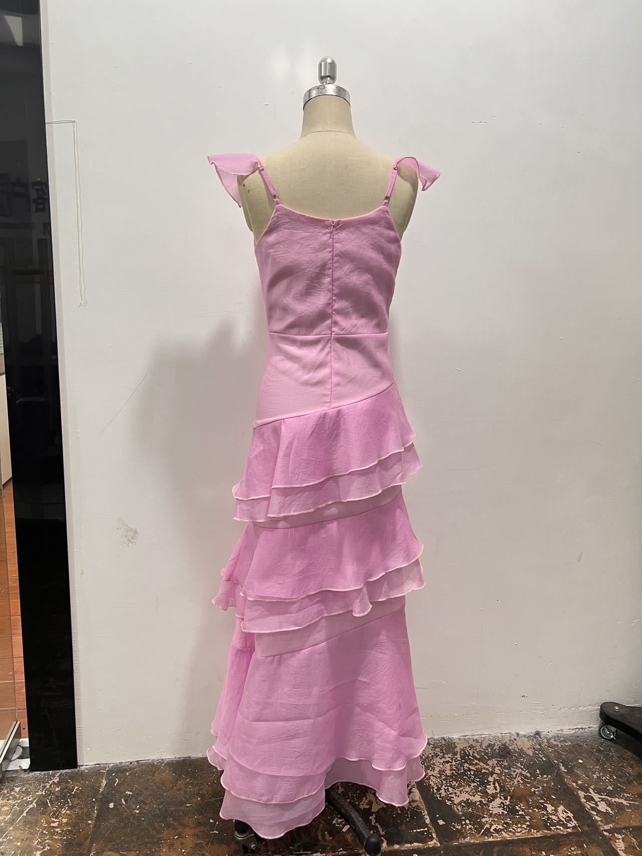 LUCY PINK CHIFFON RUFFLE MIDI DRESS FOR WEDDING GUEST