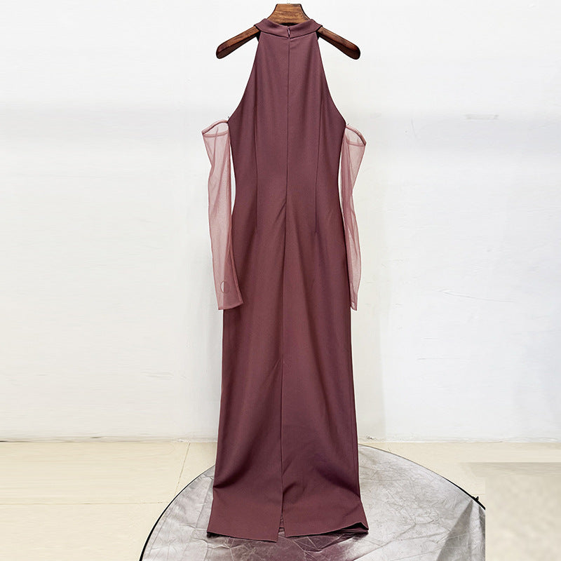 VIVIEN BROWN BEADED HIGH NECK MAXI DRESS, FORMAL