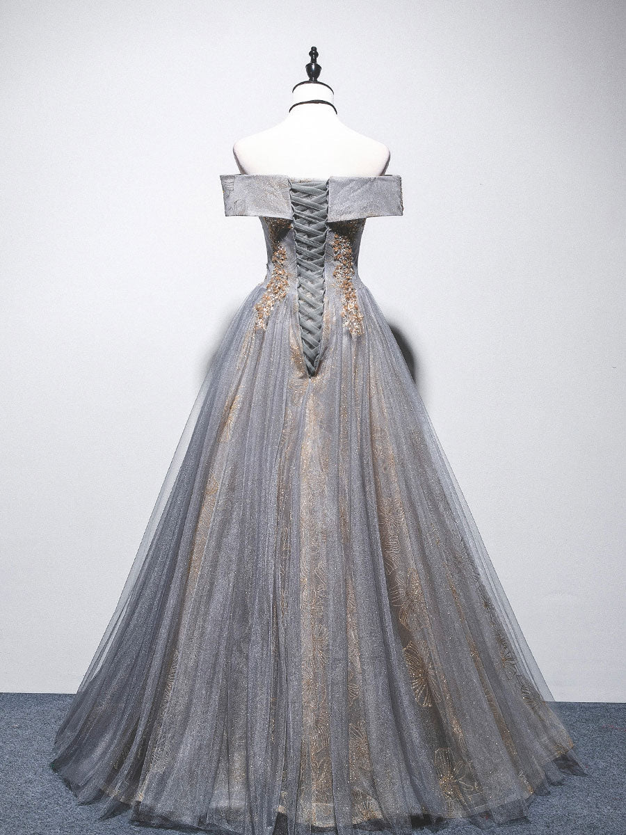 GRAY BLUE OFF-SHOULDER TULLE LACE PARTY DRESS