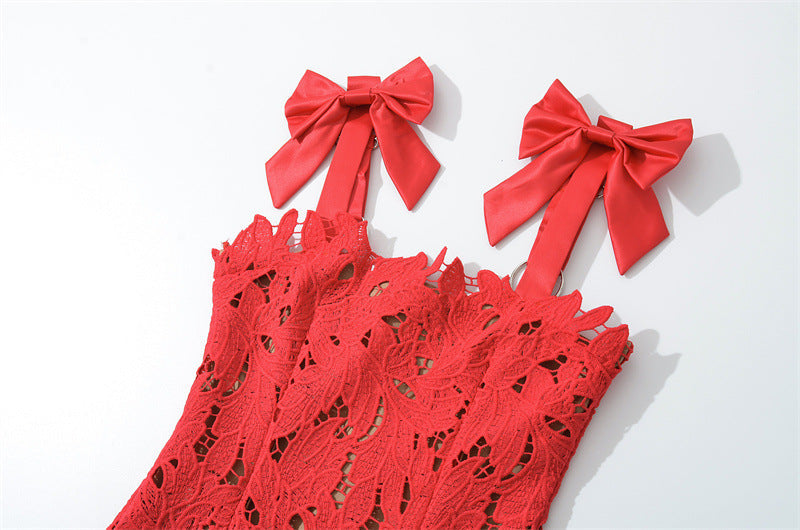 HERMOSA RED EMBROIDERED LACE MAXI DRESS