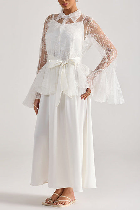 TIFFANY WHITE LACE BELL SLEEVE MAXI SKIRT SET