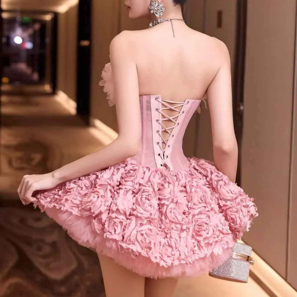 ALBERTA 3D FLOWER STRAPLESS PINK MINI DRESS