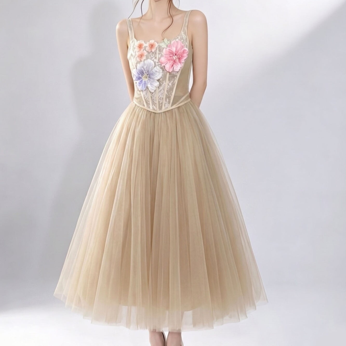 3D FLORAL TULLE SKIRT SET - CHAMPAGNE COCKTAIL