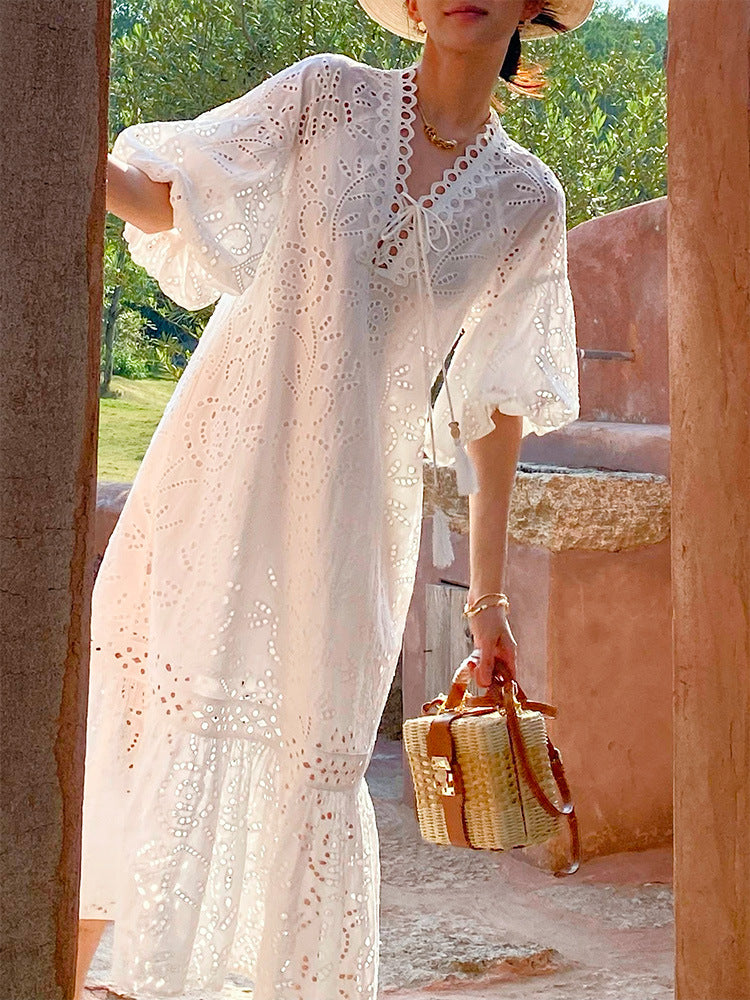 WHITE PUFF SLEEVE MAXI DRESS FOR WEDDING