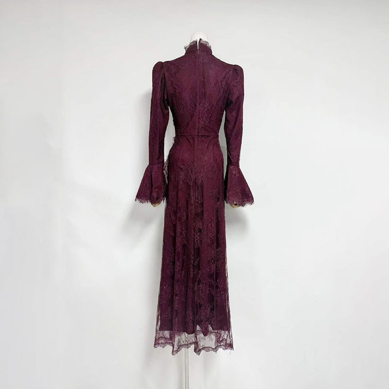 VICTORIA BURGUNDY LONG LANTERN SLEEVE LACE-TRIM MAXI DRESS
