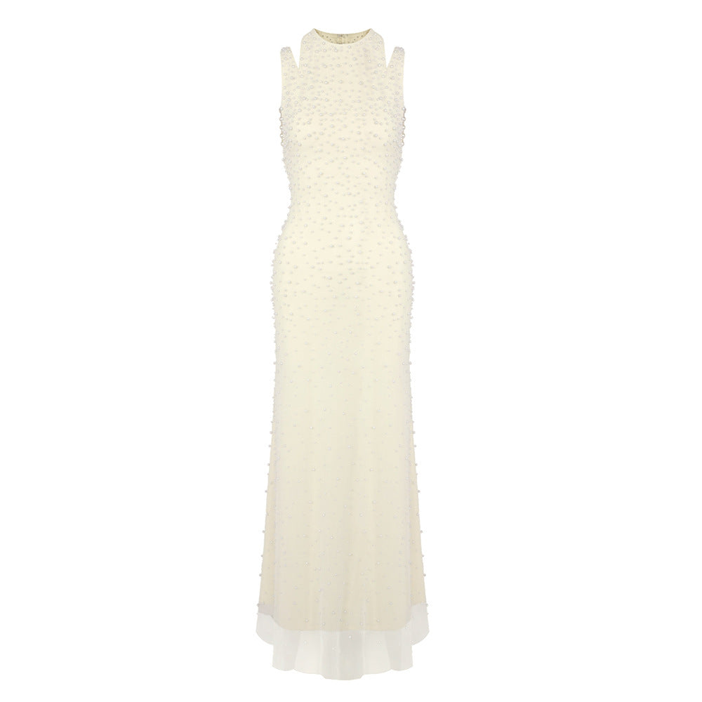 CRYSTAL PEARL TASSEL OFF-SHOULDER FISHTAIL MAXI DRESS FOR WEDDING