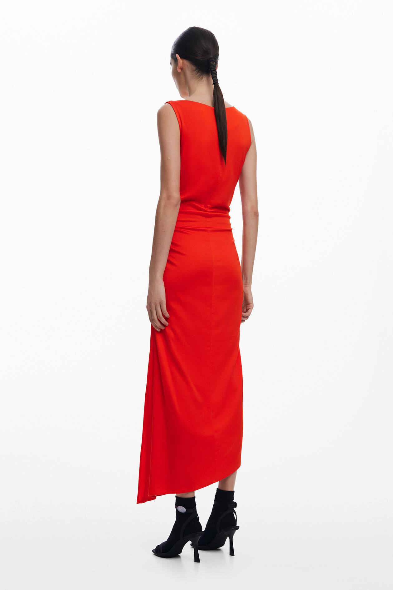 RED RUCHED MIDI DRESS, SLEEVELESS FLORAL FOR WEDDING