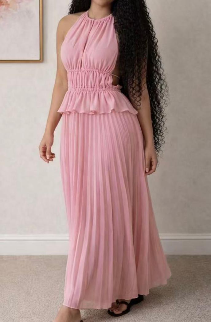 HALTER PLEATED MAXI DRESS FOR EVENING
