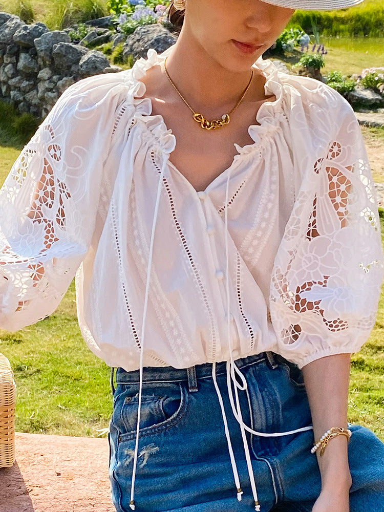 WHITE EYELET TIERED MAXI DRESS WITH PUFF SLEEVES