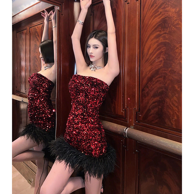 QUINTINA RED SEQUIN FEATHER STRAPLESS PARTY MINI DRESS