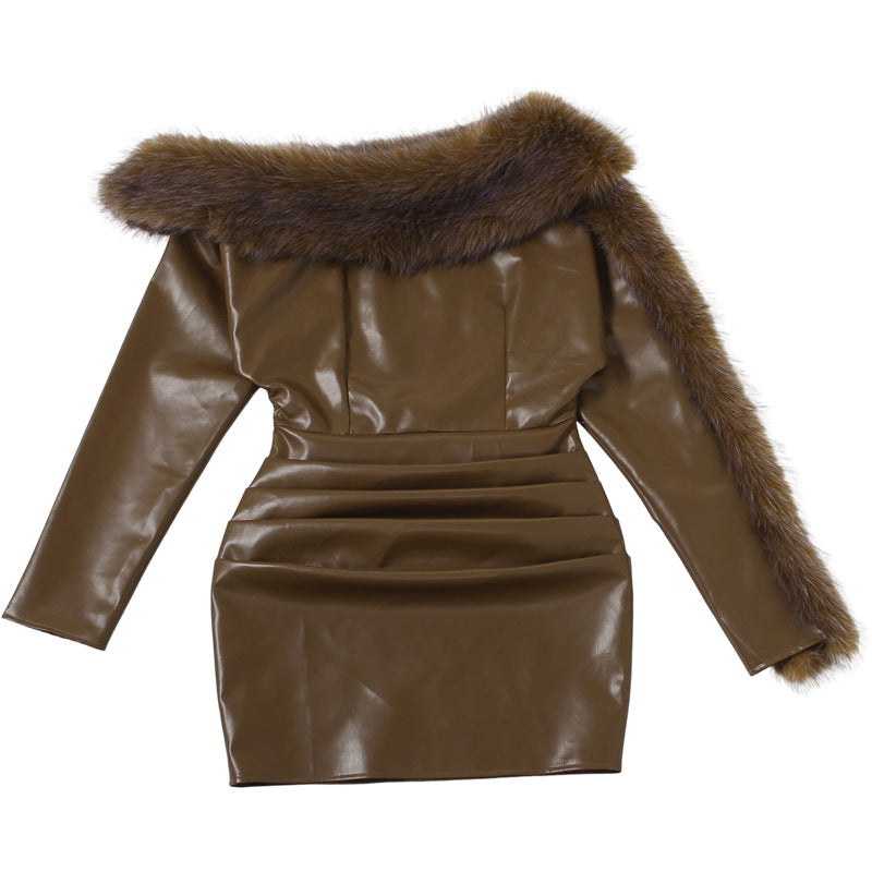 SIBYL ASYMMETRIC LEATHER MINI DRESS BROWN