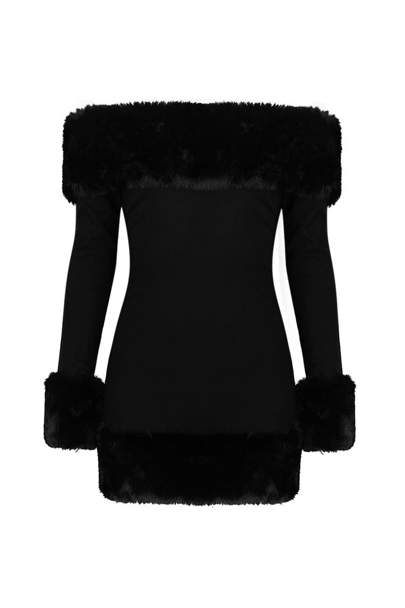 RITA BLACK OFF-SHOULDER MINI FUZZY PARTY DRESS