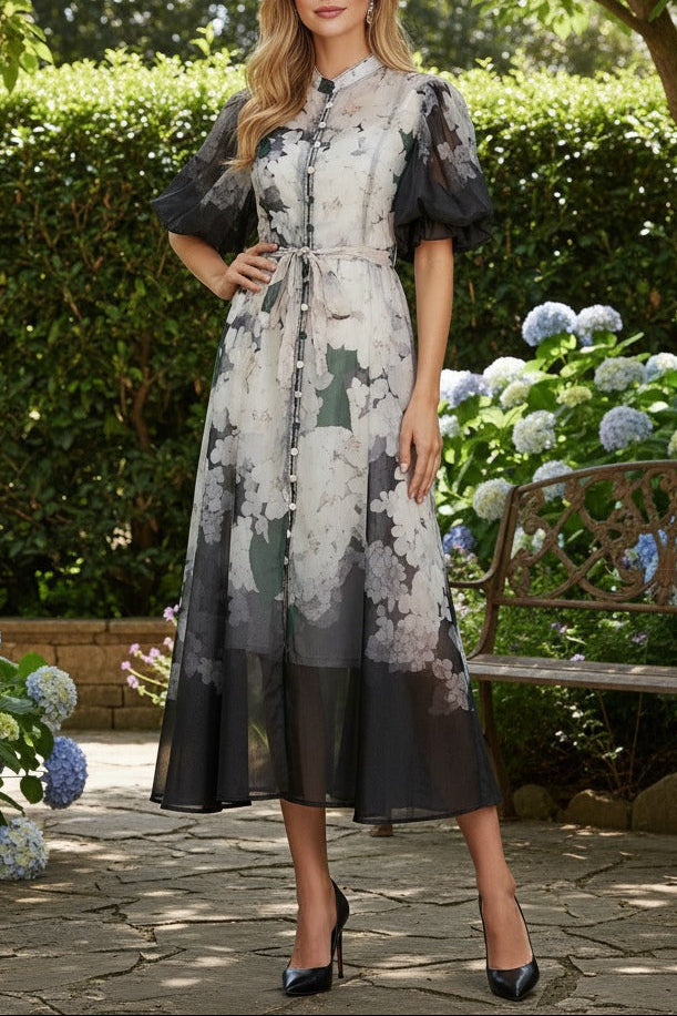 PINK FLORAL MANDARIN COLLAR CHIFFON MAXI DRESS
