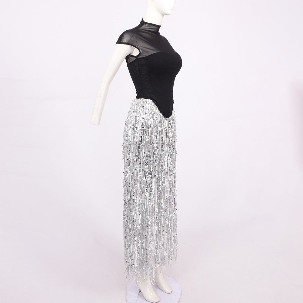 TASSEL SEQUIN BLACK CORSET MAXI DRESS
