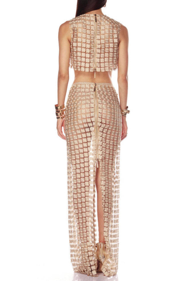 APRICOT SHEER PLAID FISHTAIL MAXI SKIRT SET