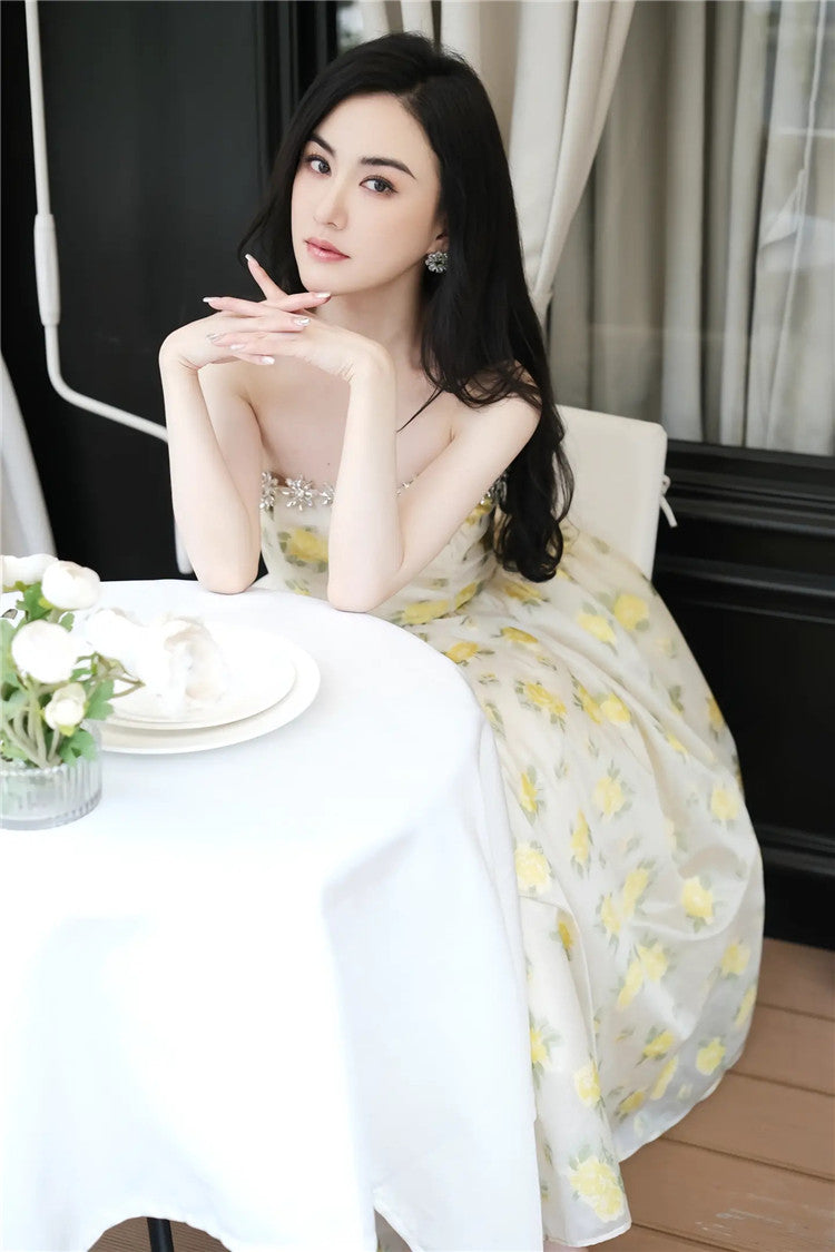 LEMON YELLOW STRAPLESS LONG COCKTAIL DRESS
