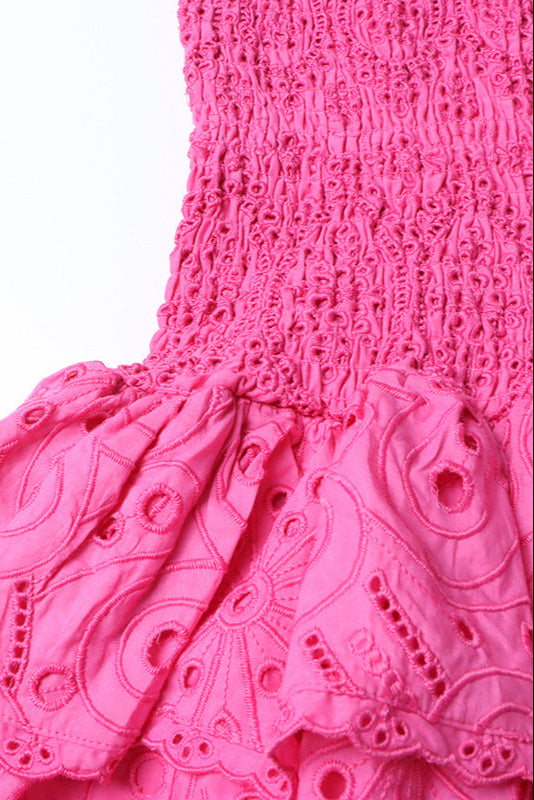 FUCHSIA EYELET STRAPLESS LAYERED MINI DRESS