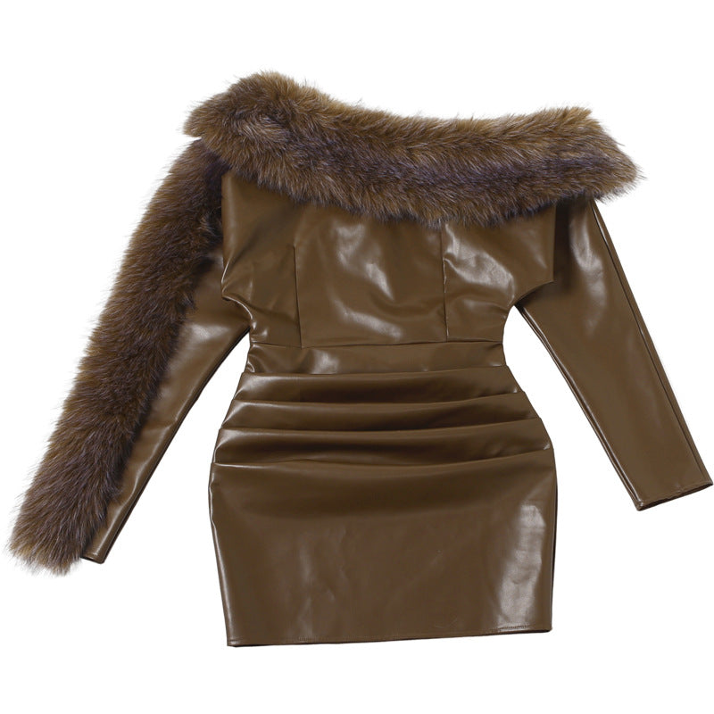 SIBYL ASYMMETRIC LEATHER MINI DRESS BROWN