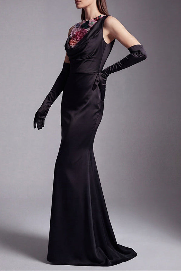 ANILA BLACK FLORAL EMBROIDERY JERSEY MAXI DRESS
