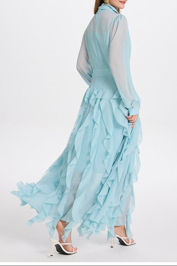 BONNIE BLUE BOW NECK TIERED RUFFLE MAXI DRESS