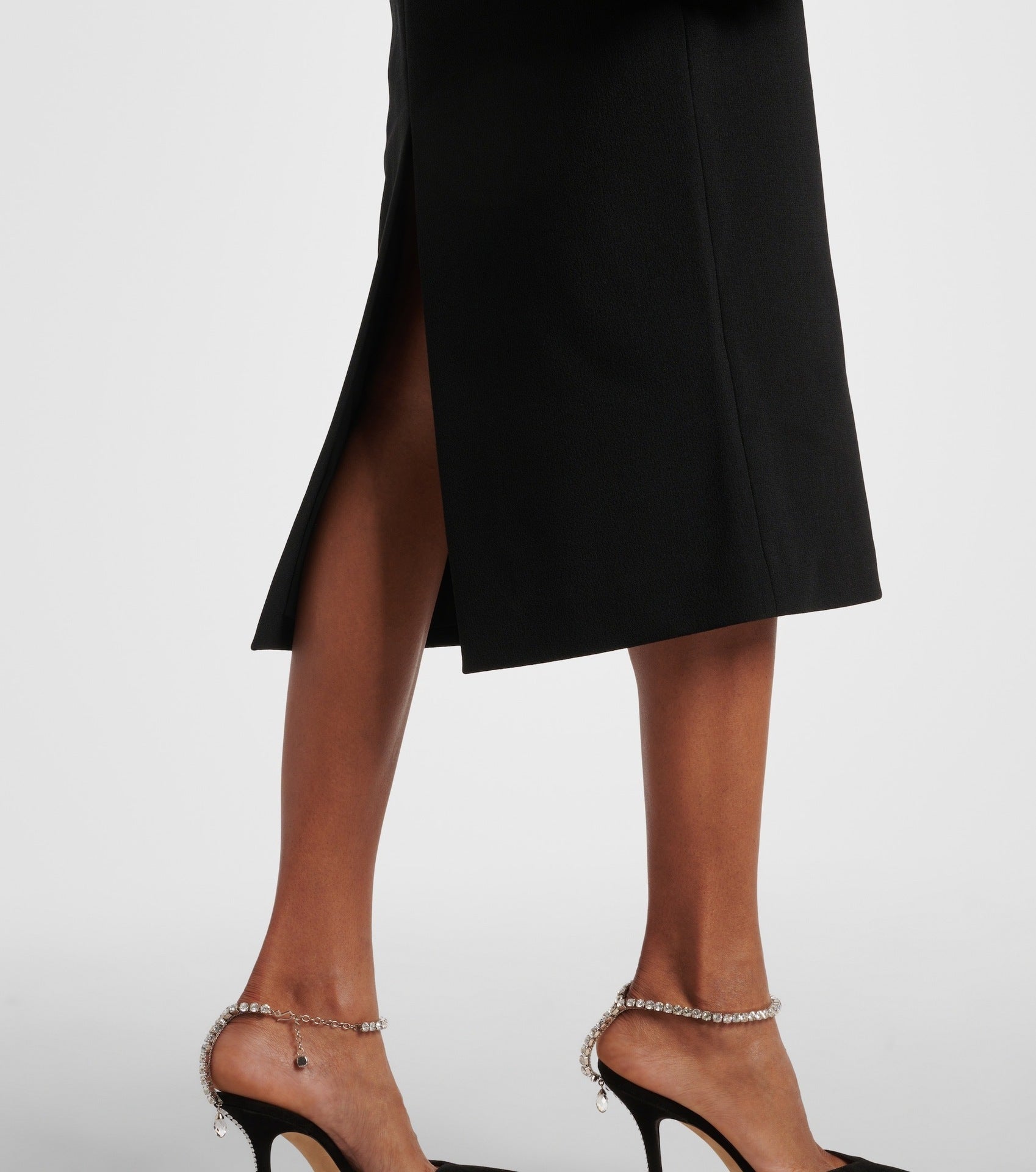 BLANCHE RUFFLE CREPE MIDI DRESS BLACK