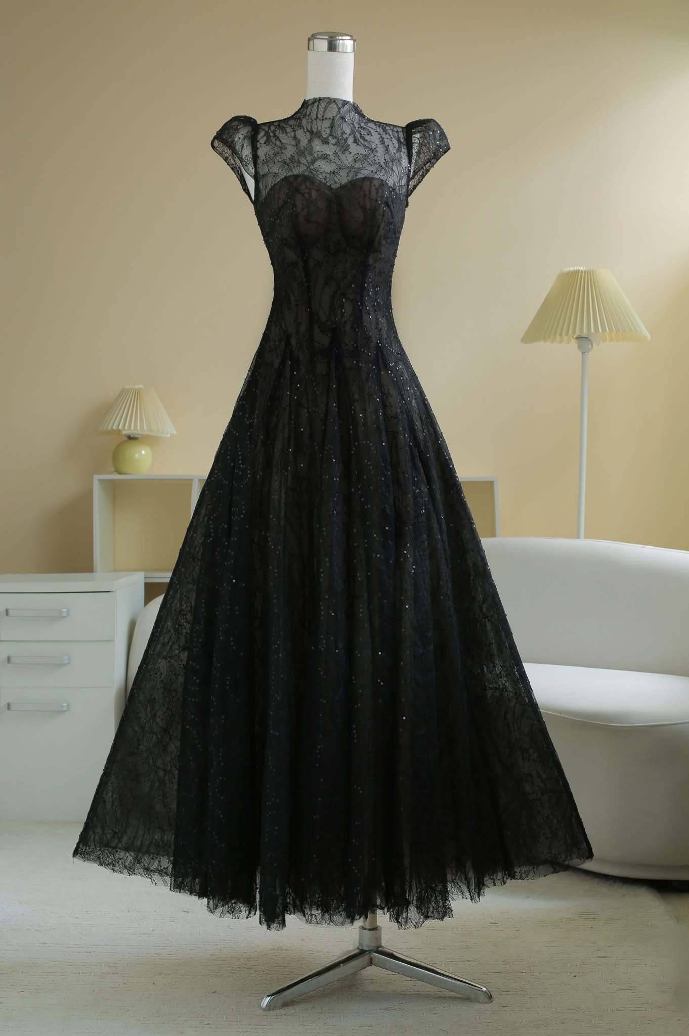 LACE SEQUIN A-LINE MIDI DRESS FOR PARTY