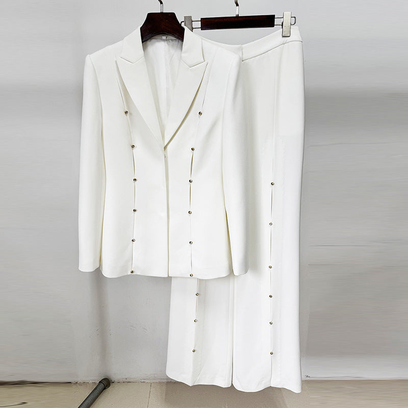 WHITE DIAMOND STUD HOLLOW OUT BLAZER SET