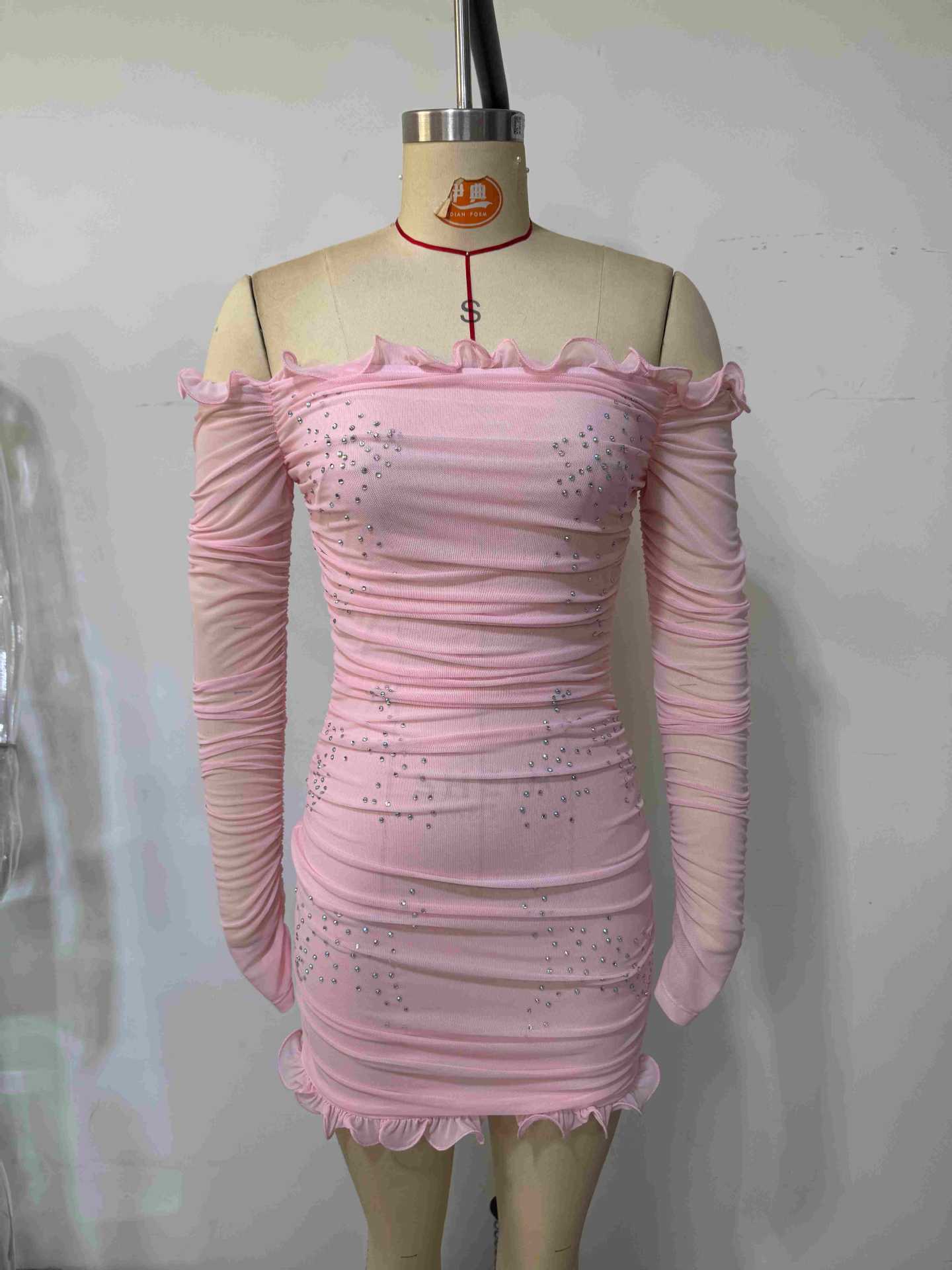 XAVIERA PINK OFF-SHOULDER BEADED BODYCON MINI DRESS
