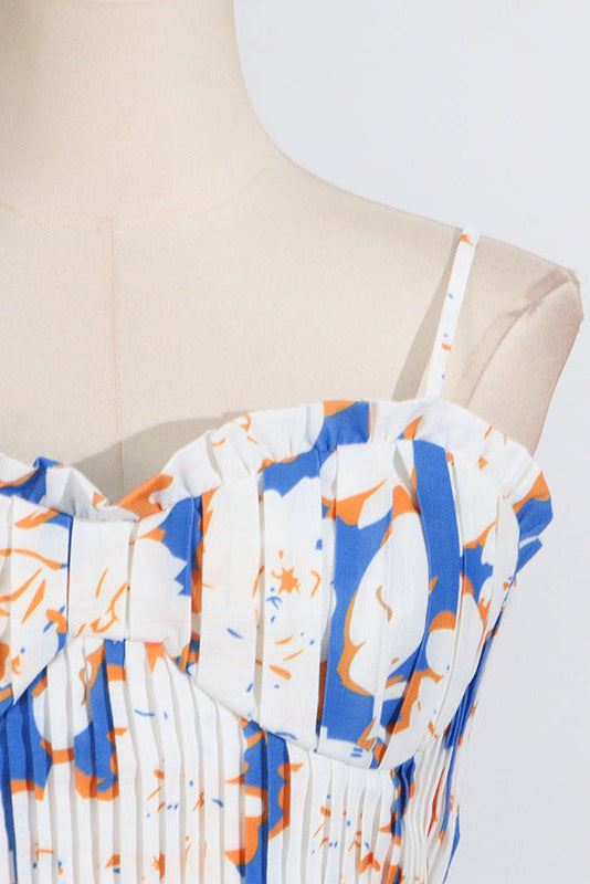 PLEATED FLORAL BUSTIER TOP & SKIRT SET, BLUE, BEACH