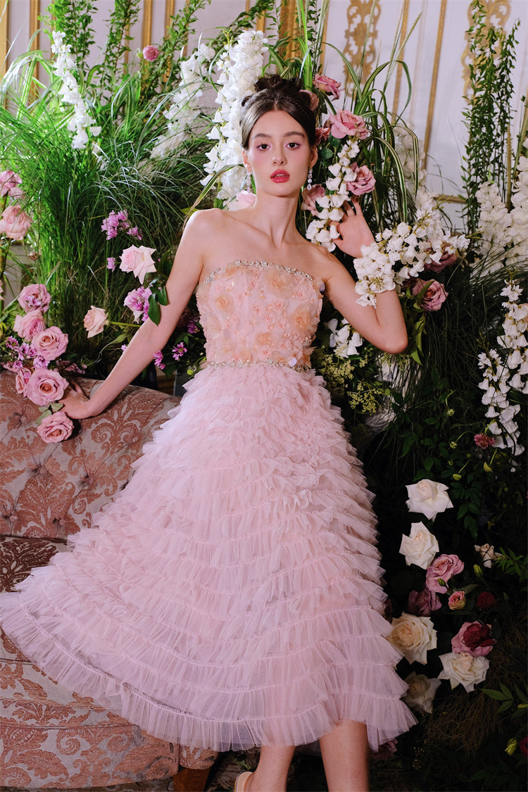 PINK PRINCESS RUFFLE MIDI STRAPLESS FLORAL DRESS