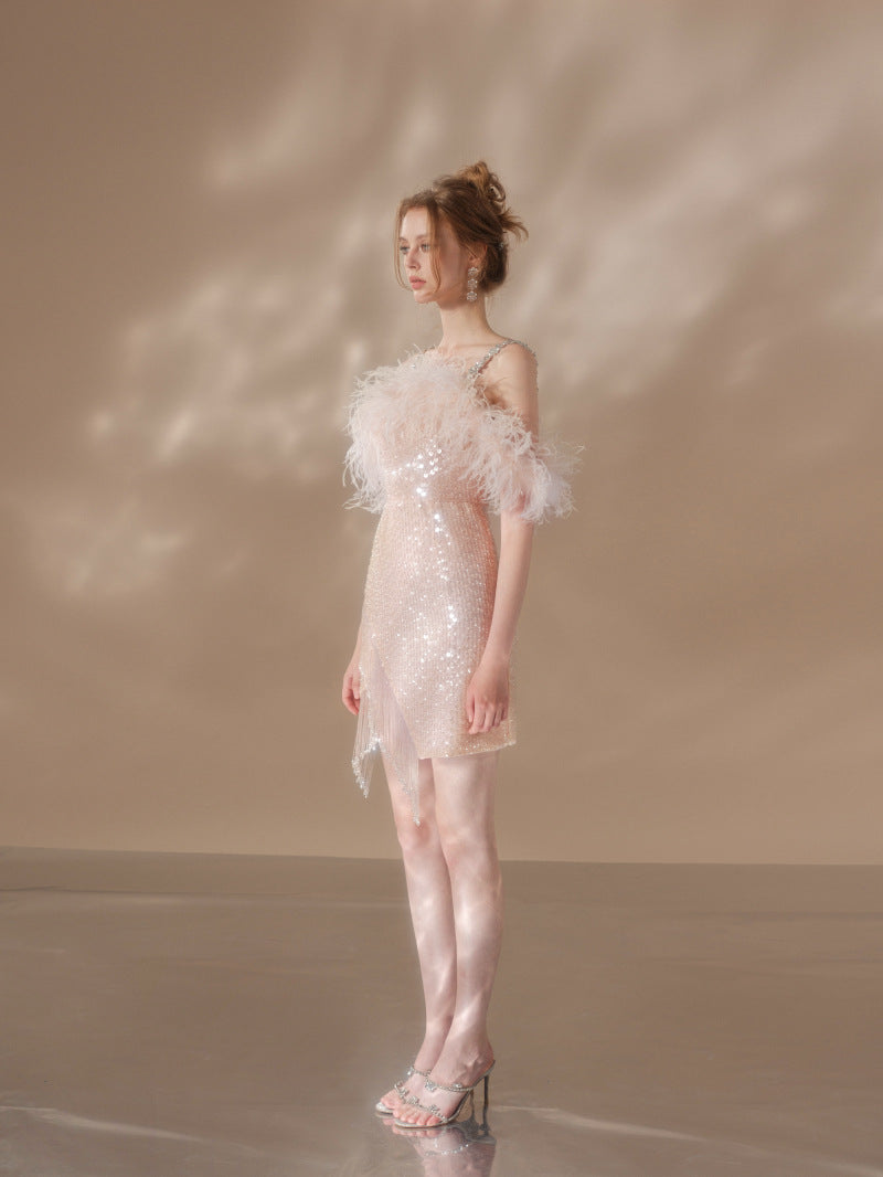 PRISCILLA SEQUIN FEATHER MINI DRESS, PINK