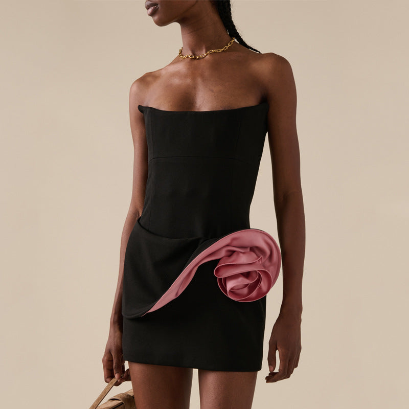 DARLENE STRAPLESS FLORAL MINI BLACK PARTY DRESS