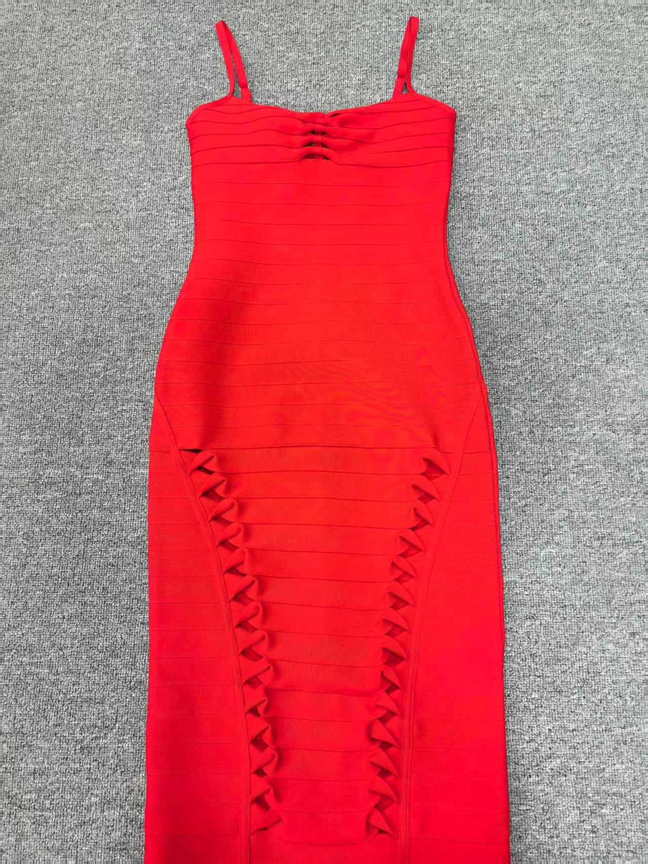 RED NANCY HOLLOW BANDAGE MAXI DRESS, EVENING