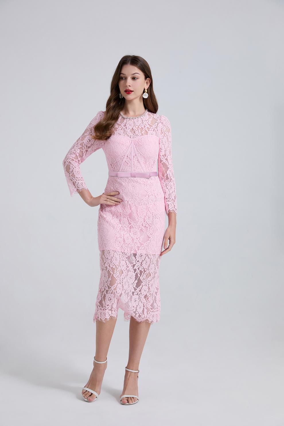 RHINESTONE FISHBONE LACE MIDI DRESS IN PINK