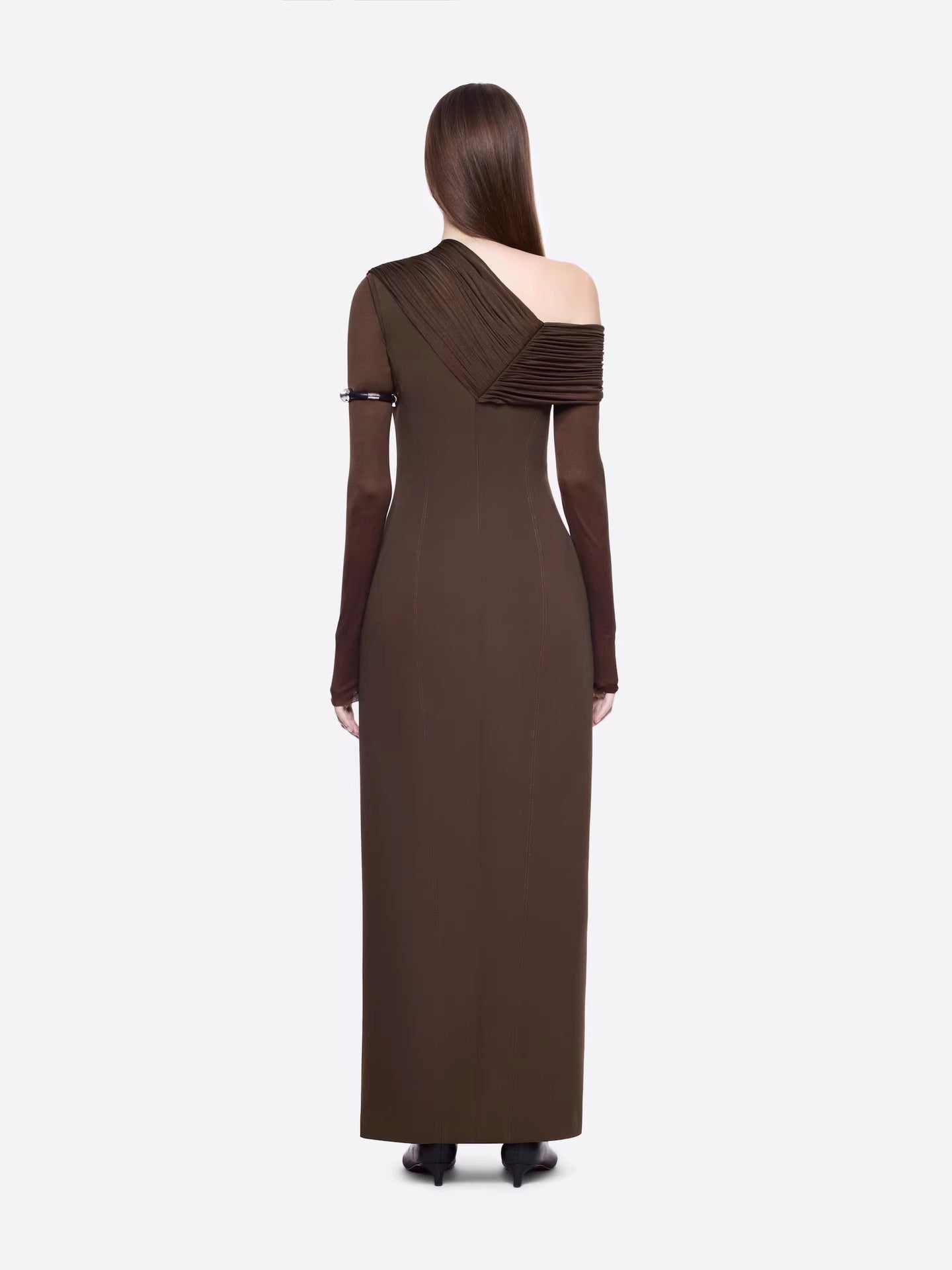 MAUD ONE-SHOULDER PLEATED MAXI DRESS BROWN