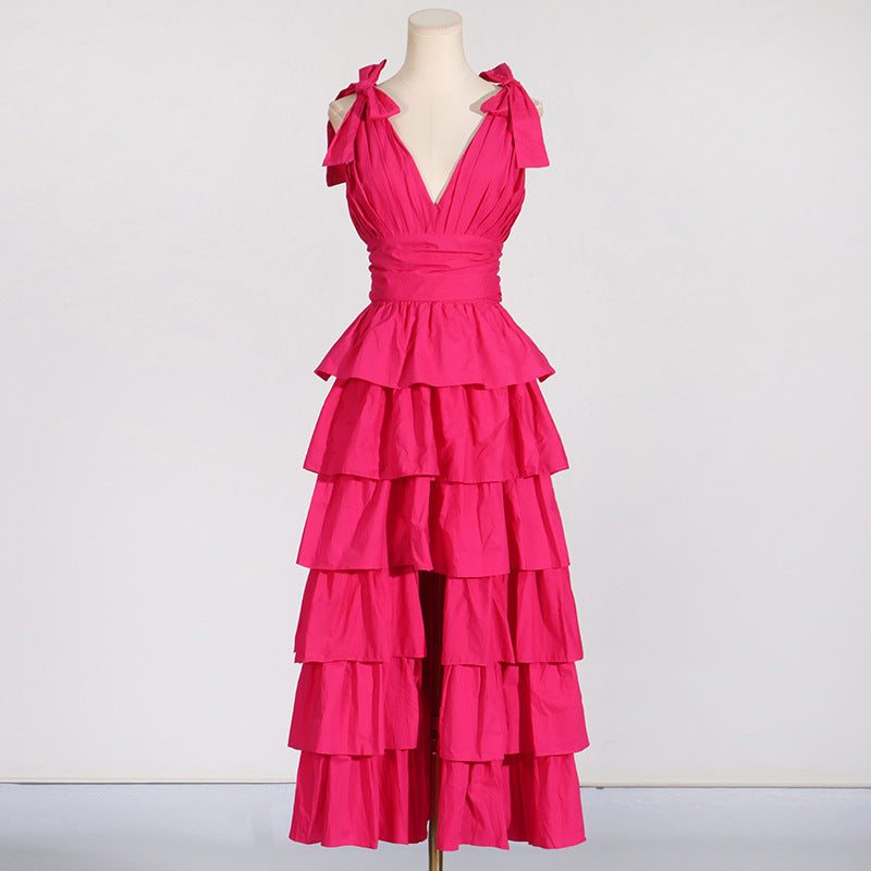 PLUNGE V-NECK RUFFLE TIERED SLIT GOWN PINK