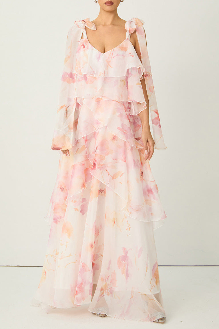 BEVERLY V-NECK STRAPLESS CHIFFON MAXI DRESS PINK