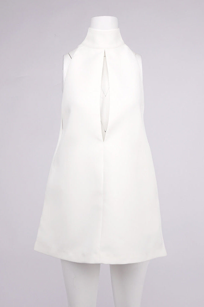 V-NECK BACKLESS HALTER CREPE DRESS - WHITE