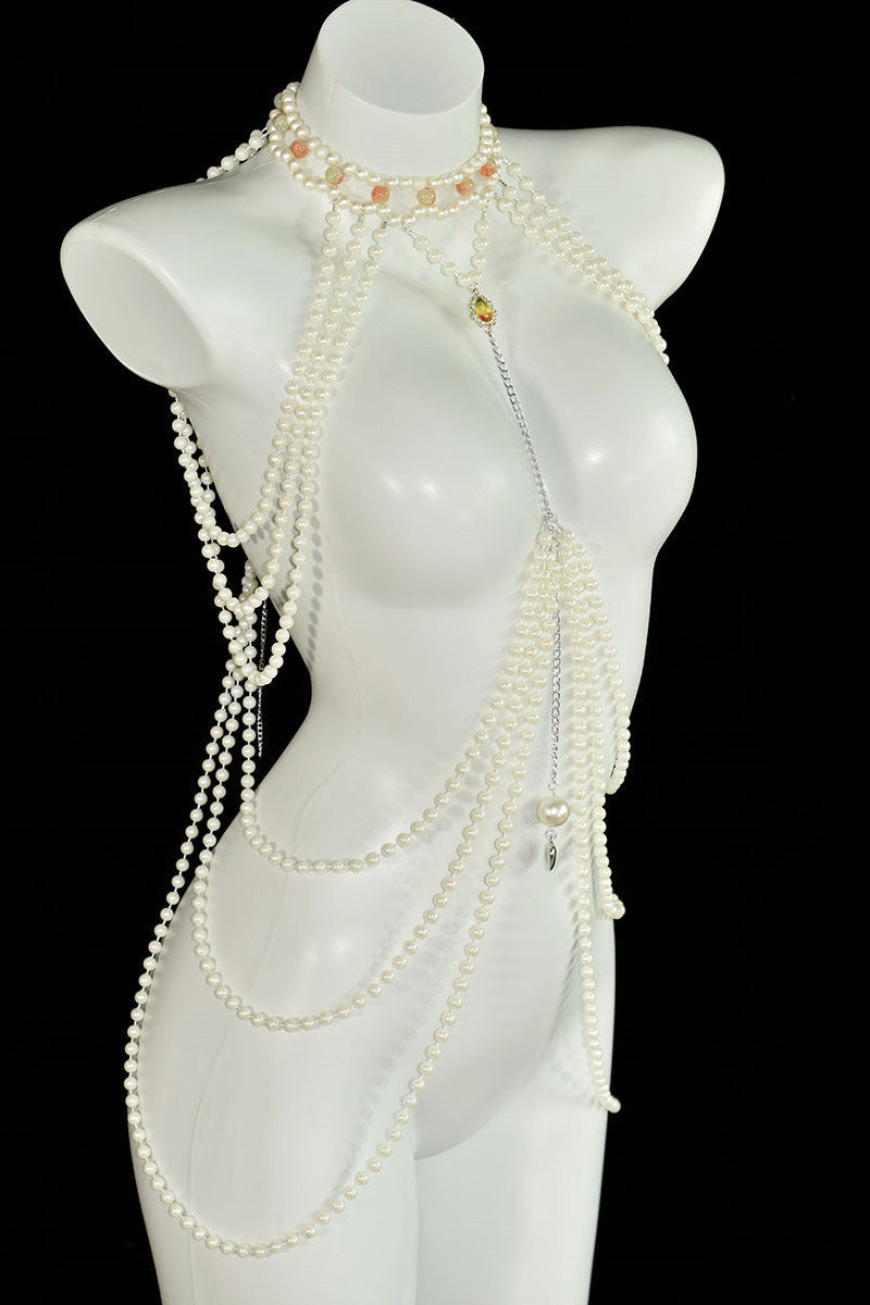 CREAM TULLE PLEATED DEEP V MAXI GOWN PEARL BODY CHAIN