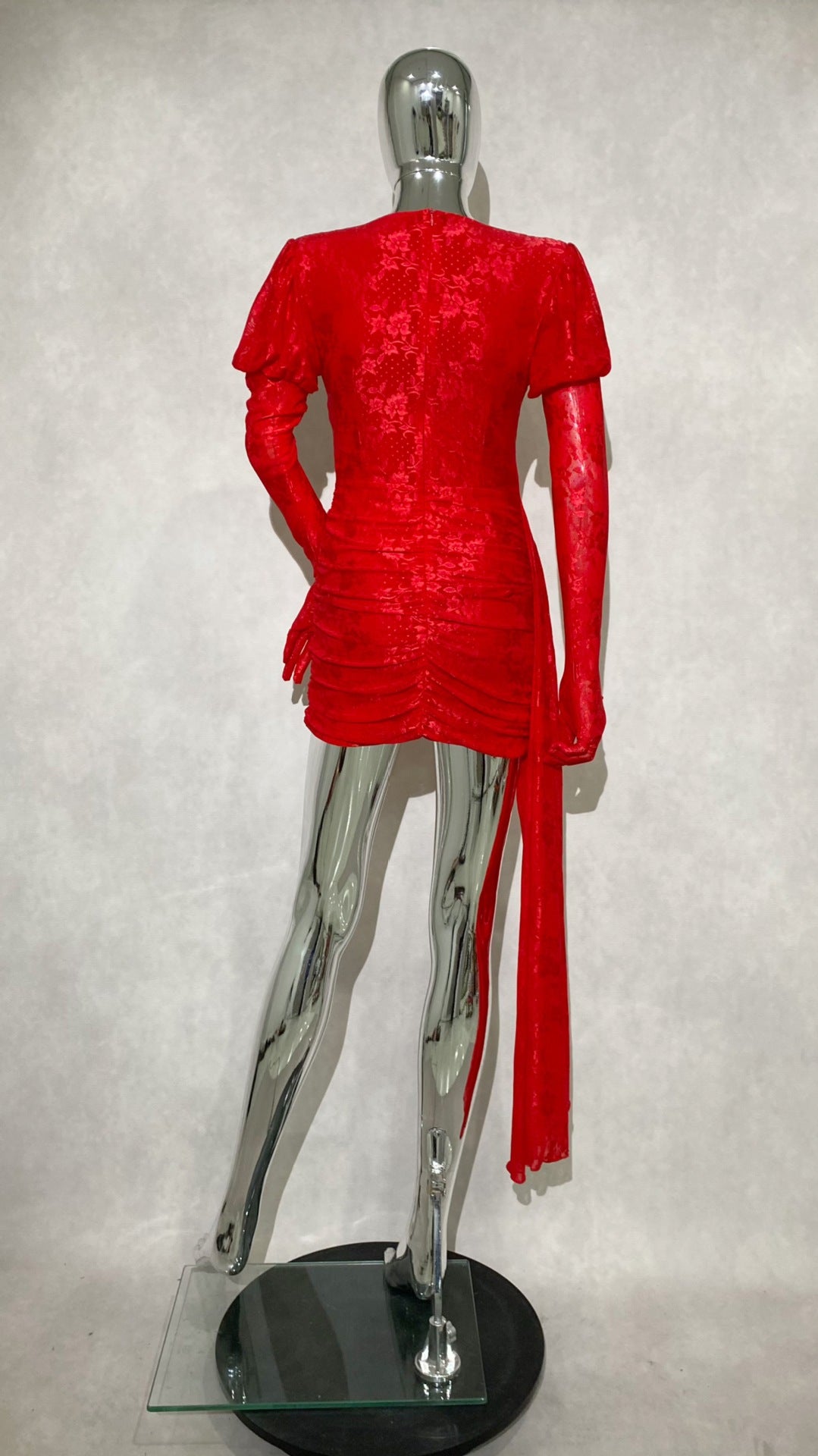DARIEL FLORAL JACQUARD CUTOUT DRAPED MINI DRESS RED