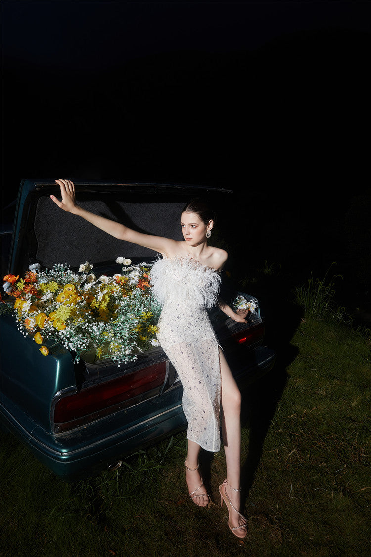 HAUTE COUTURE WHITE FEATHER SEQUIN DRESS
