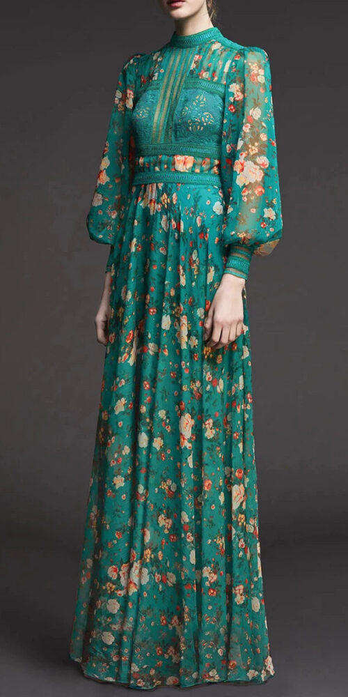 French retro green floral dress French retro green floral dress