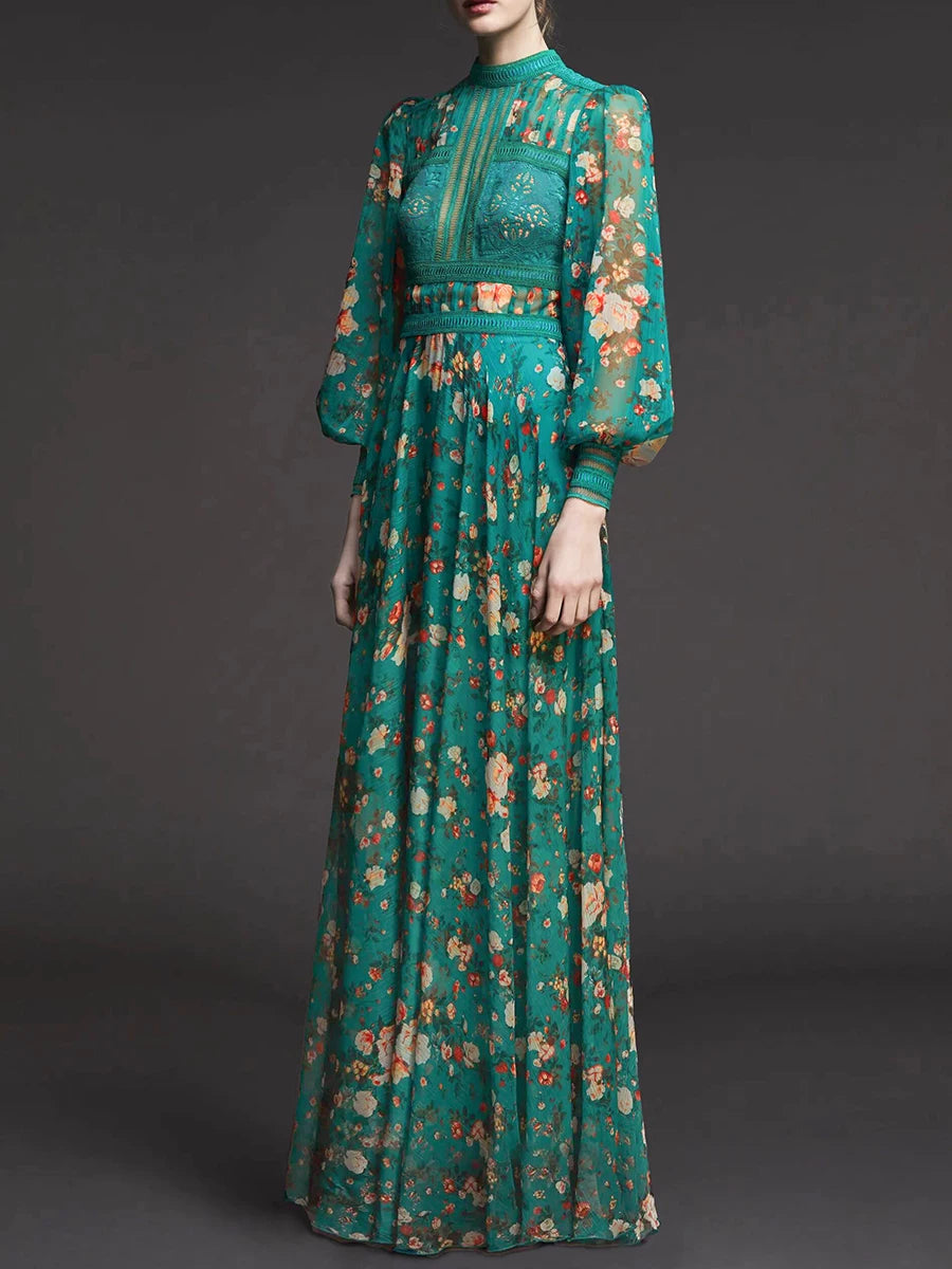 French retro green floral dress