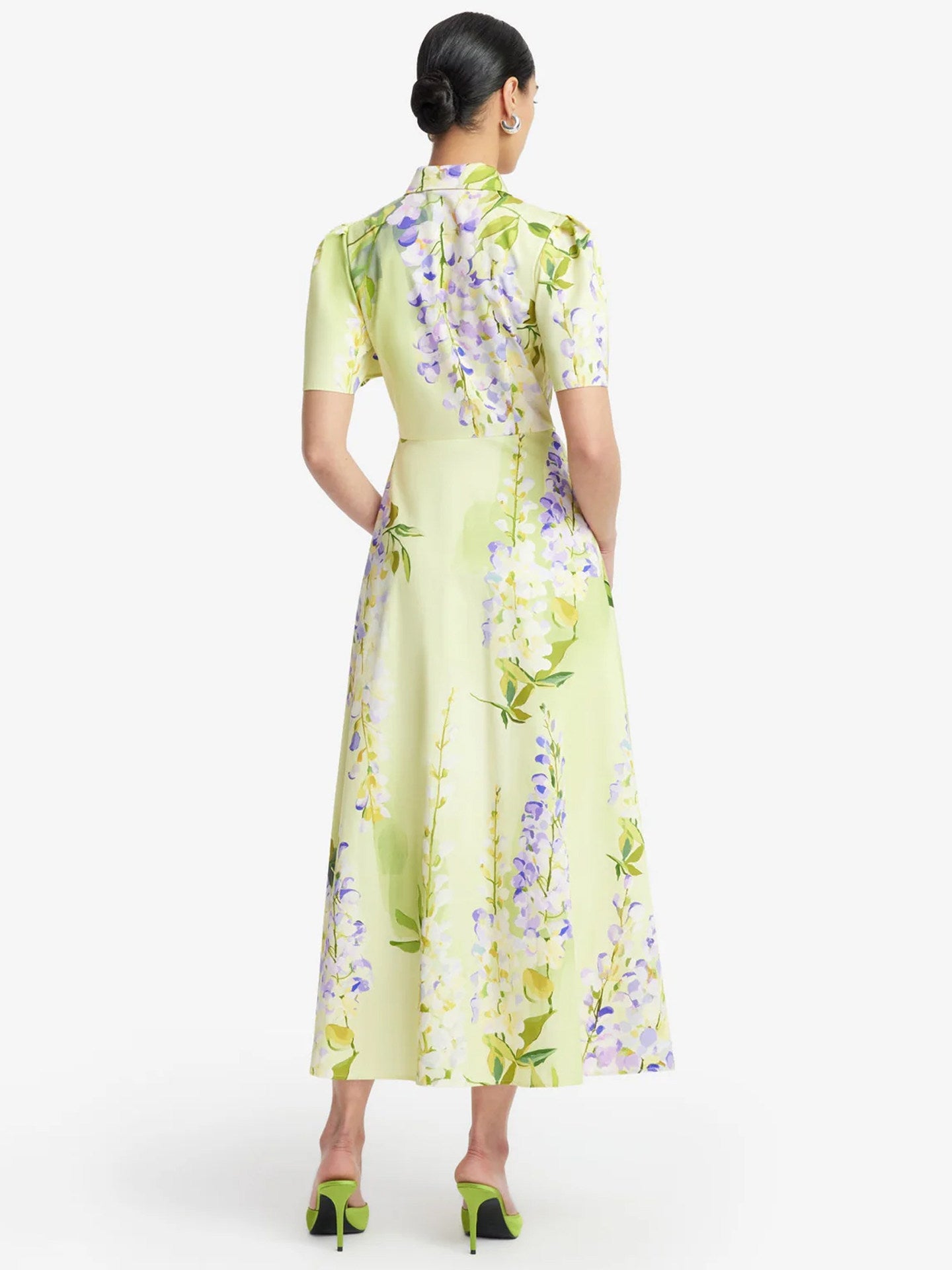 LEMON YELLOW SATIN A-LINE FLORAL POLO DRESS