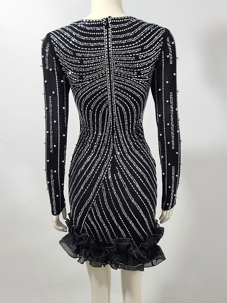JENNY BLACK CRYSTAL FLUTTER MINI DRESS