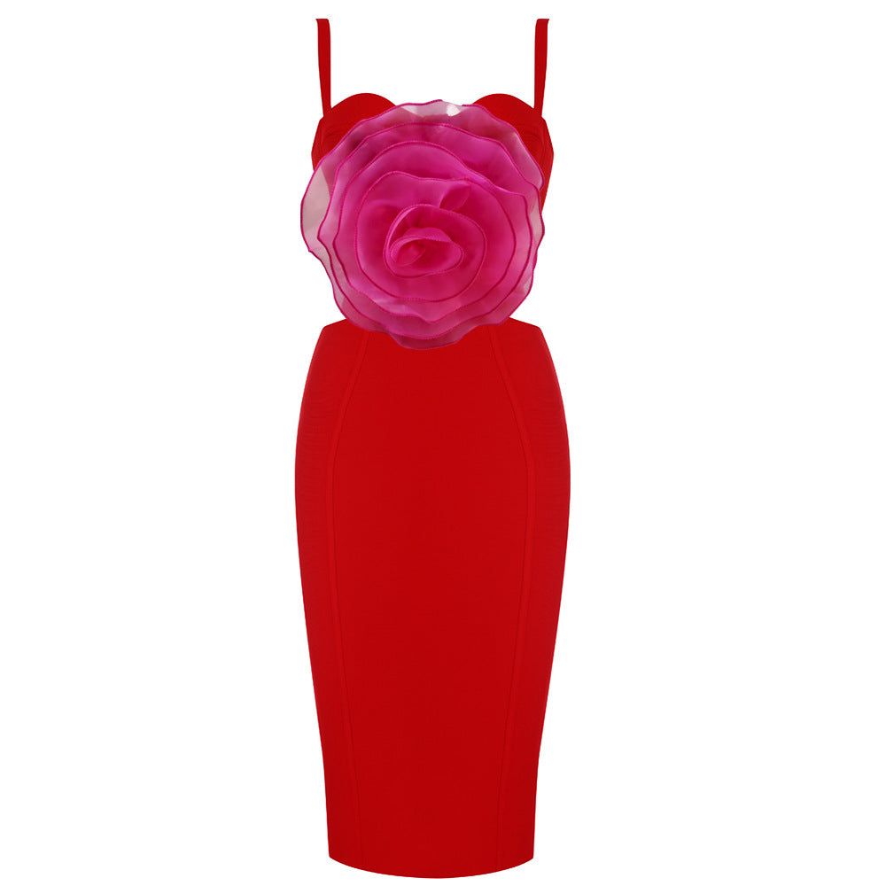 JACEY MESH FLOWER BANDAGE MIDI DRESS