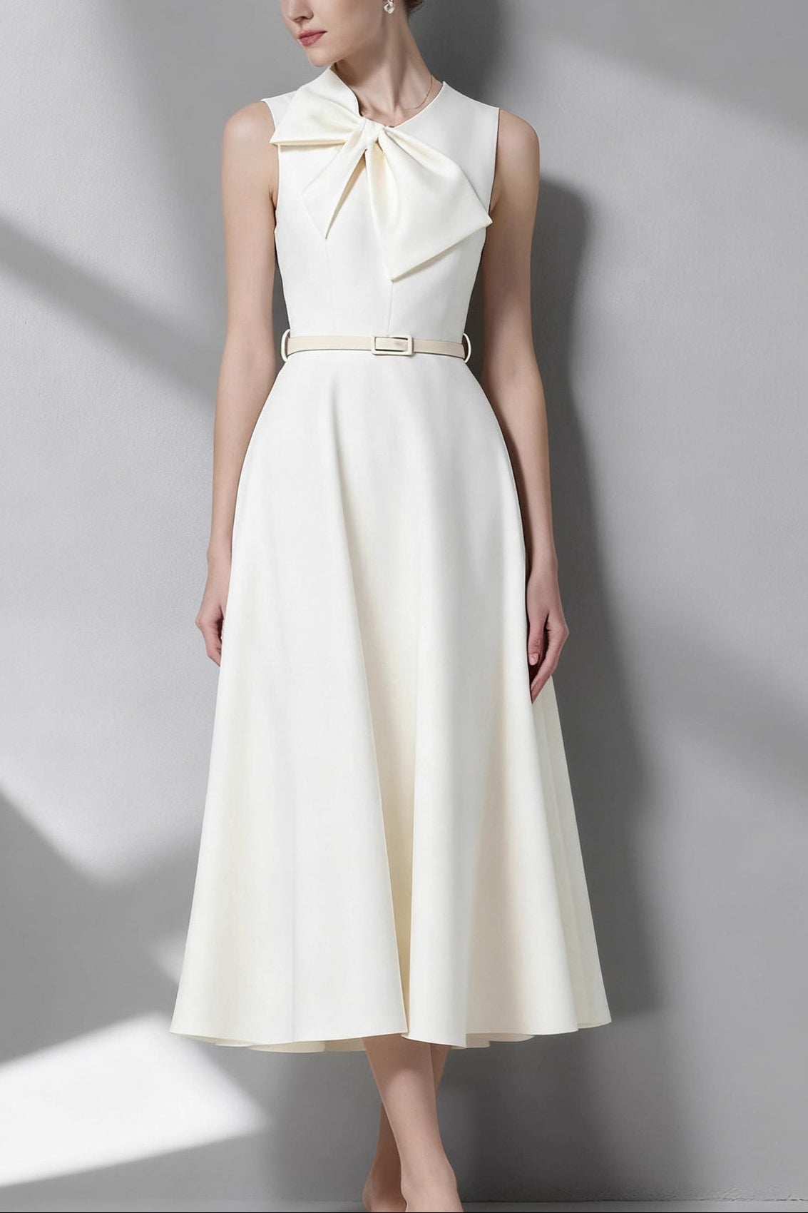 IRREGULAR BOW BELTED A-LINE MIDI DRESS