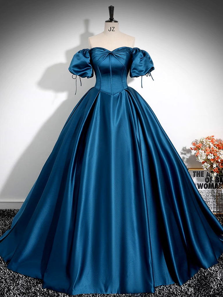 A-LINE PUFF SLEEVE SATIN PEACOCK BLUE PROM DRESS