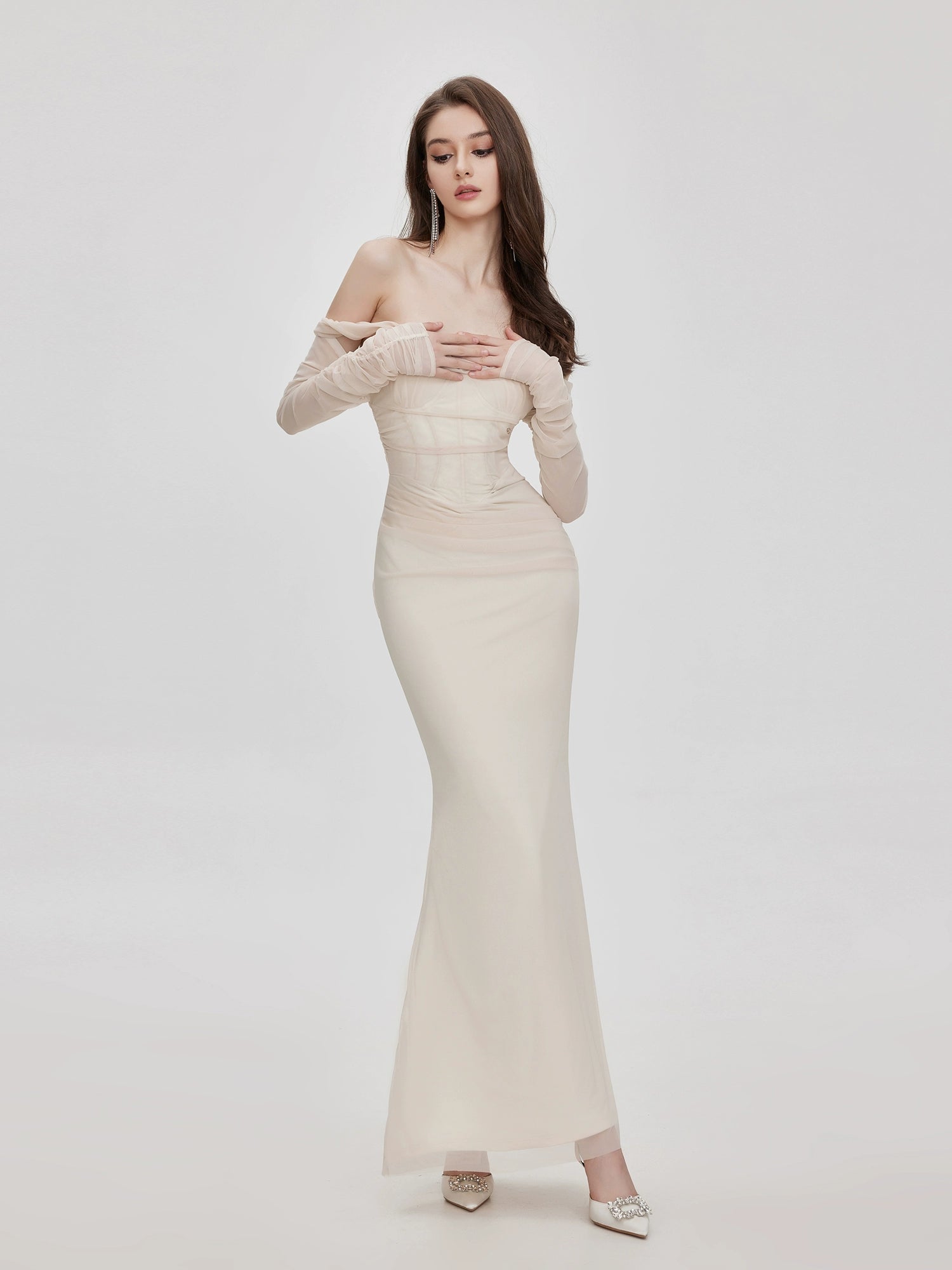 ARIEL APRICOT MESH OFF-SHOULDER MERMAID MAXI DRESS