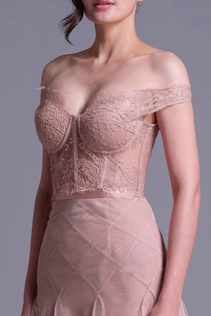 FLORAL LACE OFF-SHOULDER BUSTIER CORSET SET, PINK